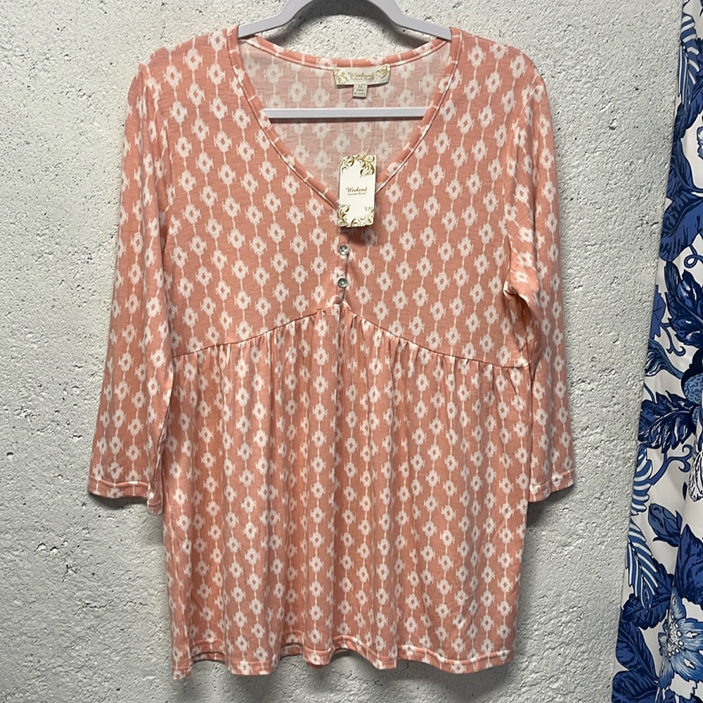 Suzanne Betro Peach Ikat-Print V-Neck Tunic Top
